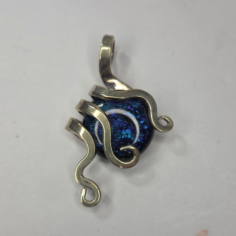 Dichrioc Glass Fork Pendant Scroll Artisan Handmade Blue Silver Ornate